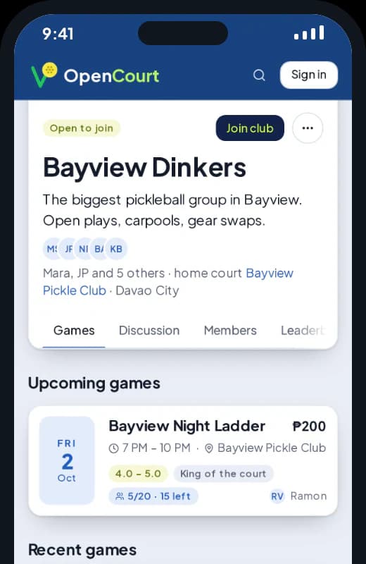 The Bayview Dinkers club page on a phone: its members, home court and the Join club button