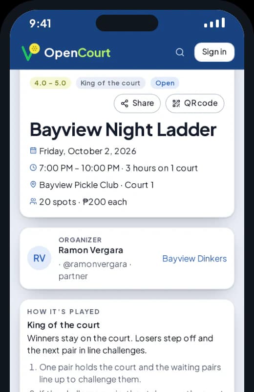 An open play hosted by the club: Bayview Night Ladder on Friday, 7 PM to 10 PM, 20 spots at ₱200 each