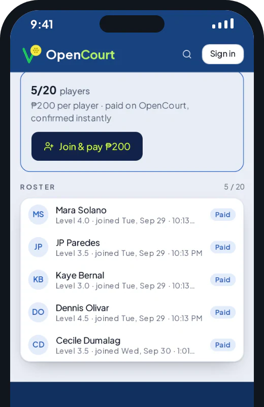 The seat card with Join and pay ₱200, and the roster with every player marked Paid
