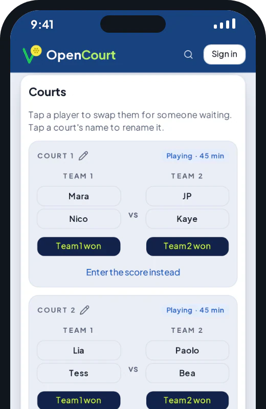 The GameQ run screen: Court 1 with both teams and a Team won button for each
