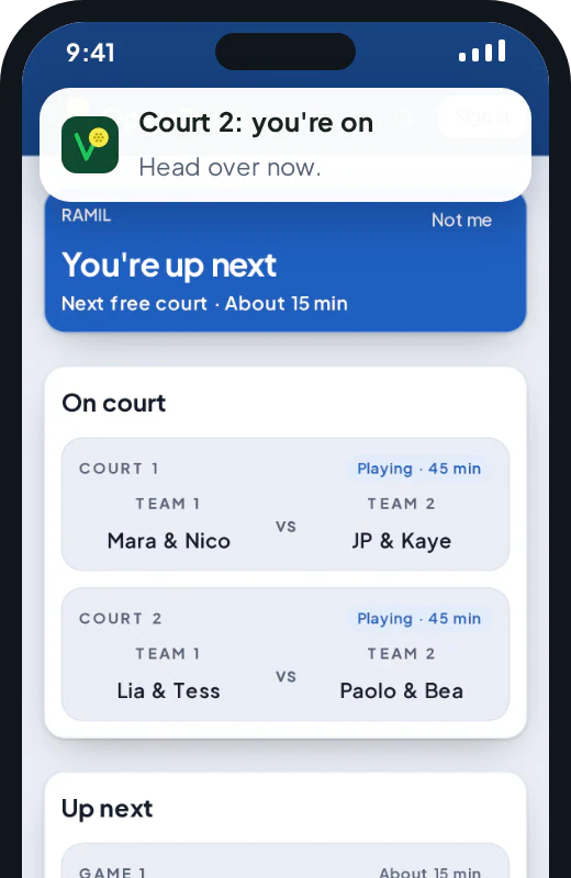 The GameQ Player page on a phone with a Court 2: you're on alert above You're up next, about 15 minutes