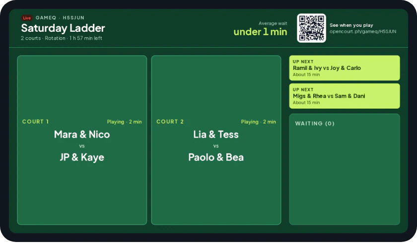 The GameQ TV screen with both courts, the next games and the line