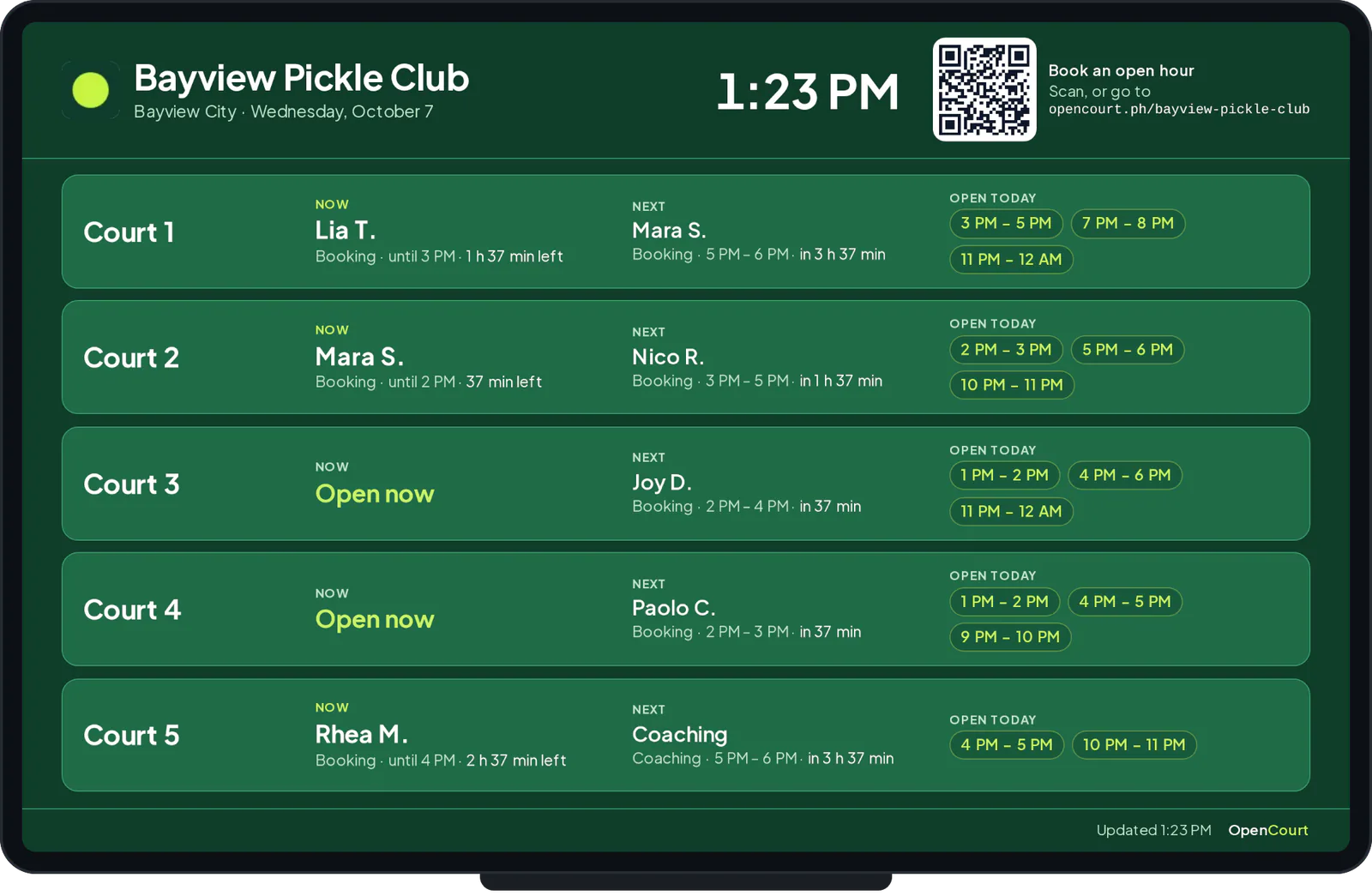 The kiosk screen on a venue's wall: each court with who is on now, who is next and the hours still open today, and a QR code to book